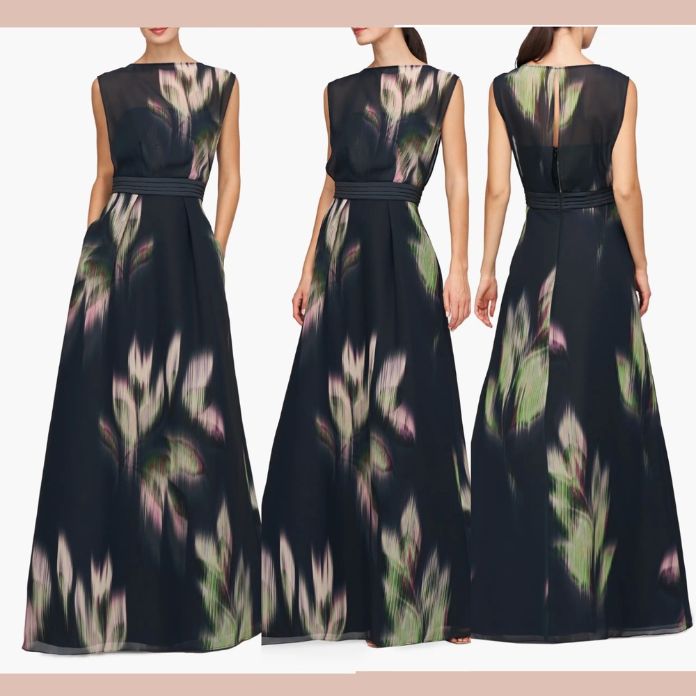 NEW $398 KAY UNGER [ 14 ] Tess Sleeveless A Line Gown in Black‎ Green J1982